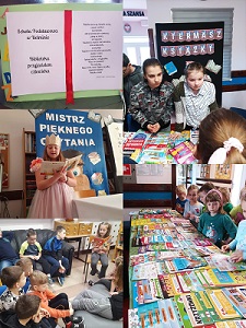 Na zdjęciu znajdują się dzieci z zerówki, klasy I, VII i VIII. Dzieci czytają książki, słuchają jak również oglądają książki.