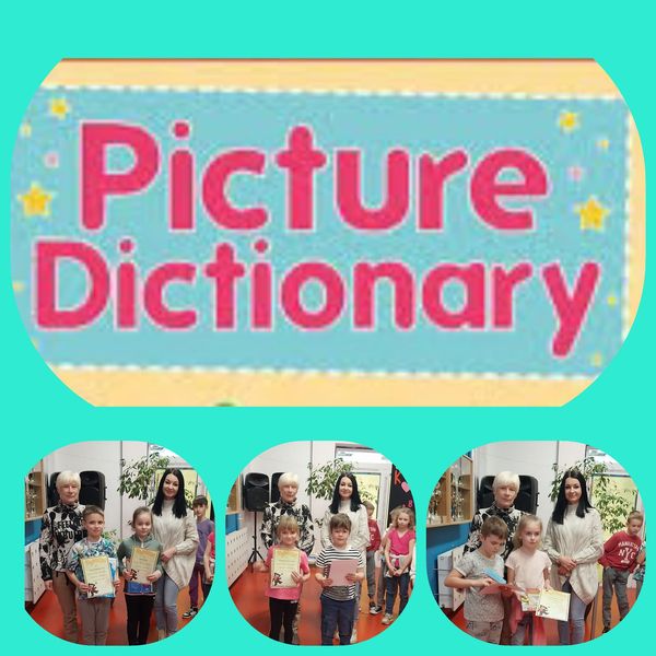 na zdjęciu znajduje się napis Picture Dictionary, a pod nim zdjęcia nauczycieli z dziećmi, które otrzymały dyplomy
